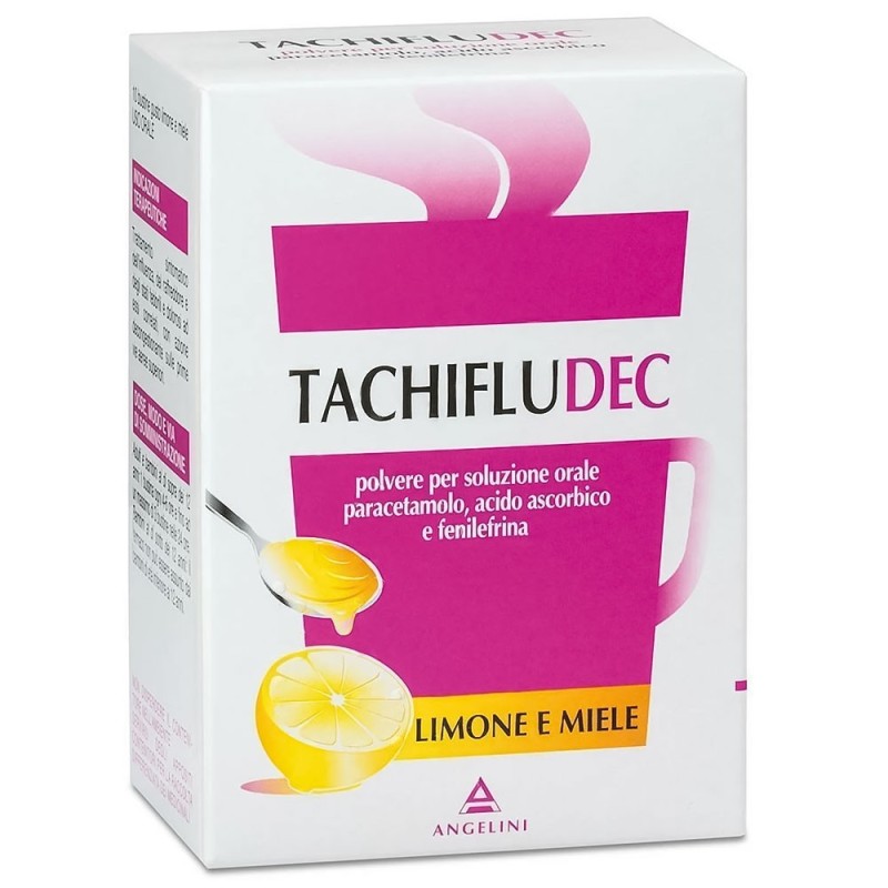 Tachifludec
polvere per soluzione orale
paracetamolo, acido ascorbico, e fenilefrina
gusto limone e miele