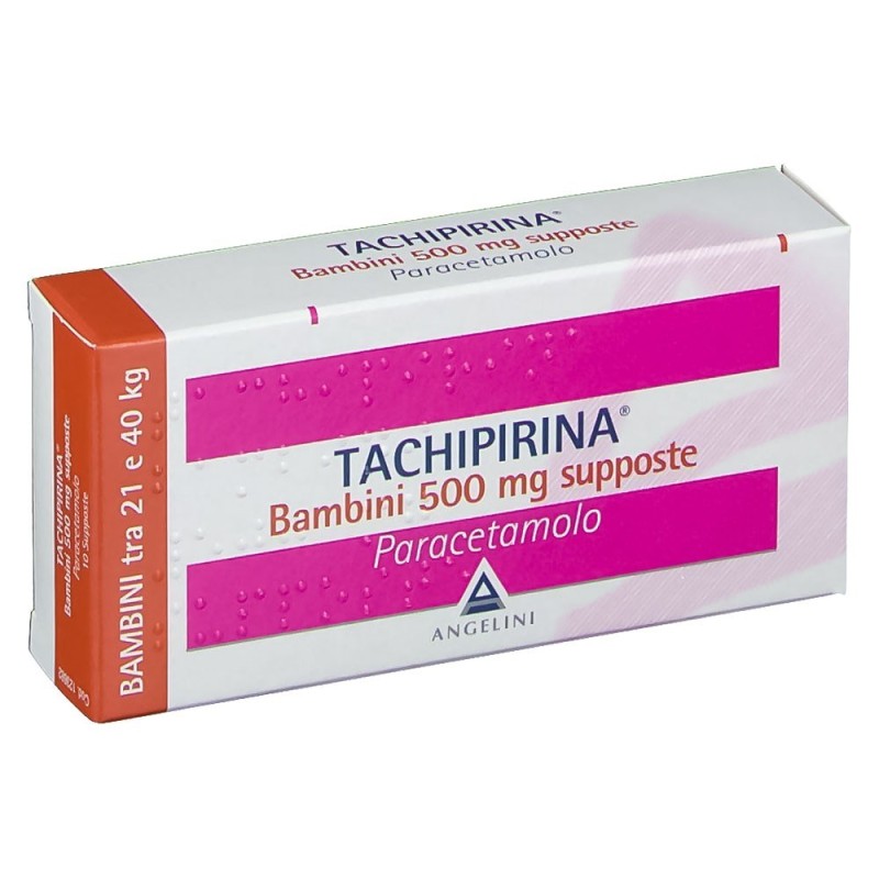 Tachipirina
bambini 500 mg supposte
paracetamolo
bambini tra 21 e 40 kg
Confezione da 10 supposte