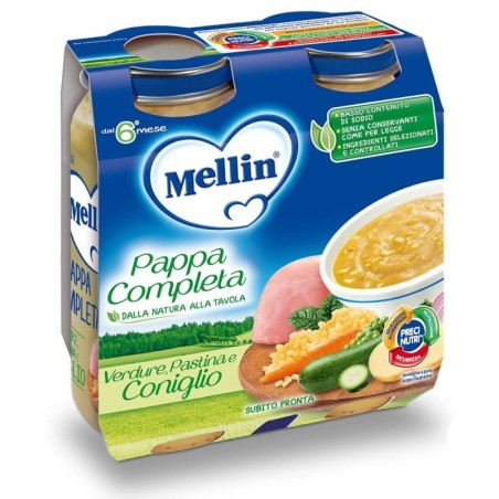 Mellin
pappa completa
verdura, pastina e coniglio
subito pronta
6 mesi+
confezione 2 vasetti da 250 g