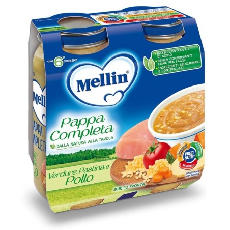 Mellin
pappa completa
verdura, pastina e pollo
subito pronta
6 mesi+
confezione 2 vasetti da 250 g