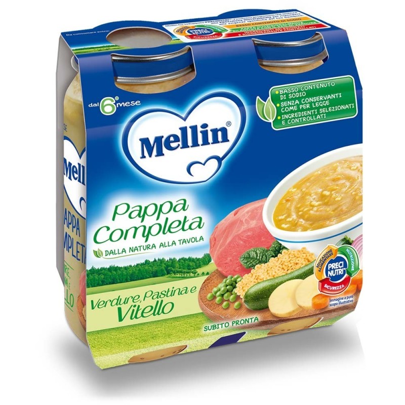 Mellin
pappa completa
verdure pastina vitello
prono all'uso
6 mesi+
confezione2 vasetti da 250 g