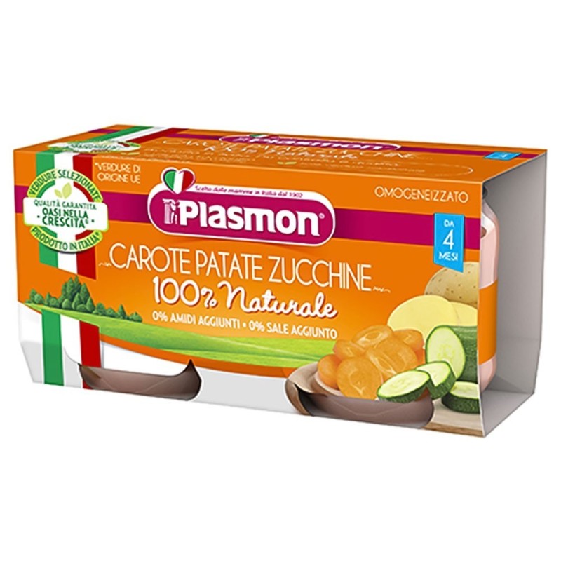 Plasmon
omogeneizzato
carote, patate e zucchine
100% naturale
4 mesi+
confezione 2 vasetti da 80 g