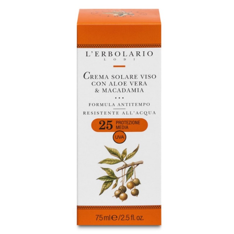 L'Erbolario
Crema solare viso
aloe vera & macadamia
SPF 25 protezione media
Tubo da 75 ml