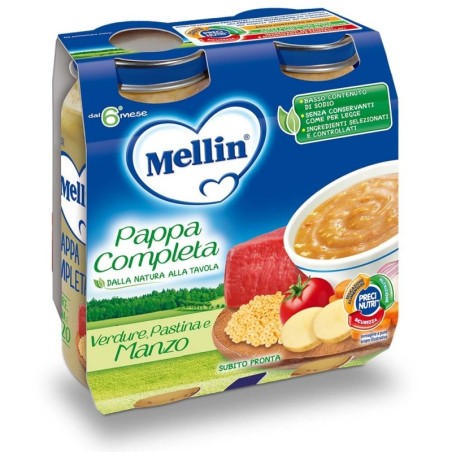 Mellin
pappa completa
Verdure, pastina e manzo
6 mesi+
confezione 2 vasetti da 250 g