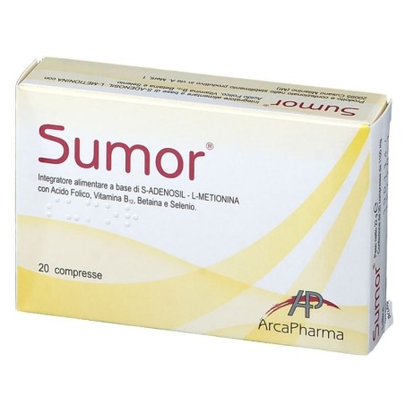 Sumor
Integratore alimentare a base di S-Adenosil - L-Metionina con acido folico, Vitamina B12, Betaina e Selenio.