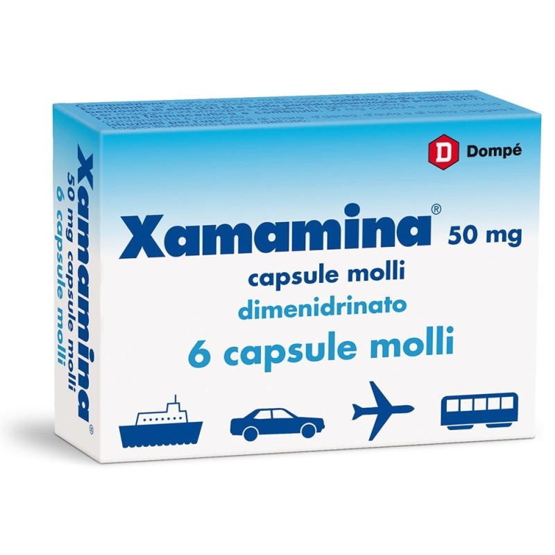 Xamamina
50 mg capsule molli
dimenidrinato
scatola da 6 capsule