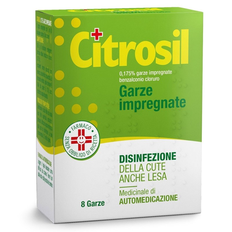 Citrosil
0,175% garze impregnate
benzalconio cloruro
disinfezione della cute anche lesa
medicinale di automedicazione