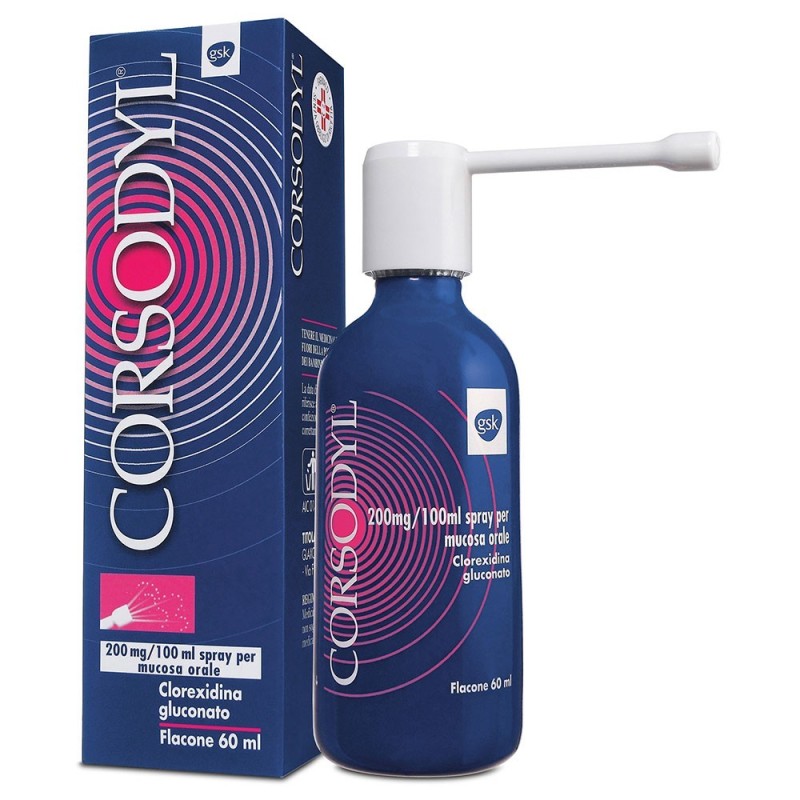 Corsodyl
200 mg/100 ml spray per mucosa orale
clorexidina gluconato
Flacone da 60 ml