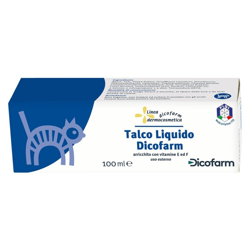 Dicofarm
talco liquido
arricchito con vitamina E e Vitamina F
uso esterno
tubo da 100 ml