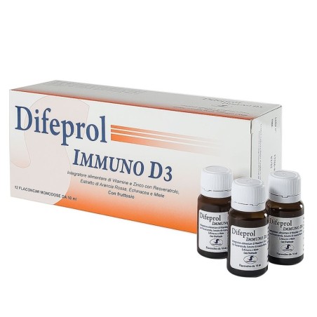 Difeprol
immuno D3
Integratore alimentare per il benessere del sistema immunitario
Confezione da 12 flaconcini 10 ml