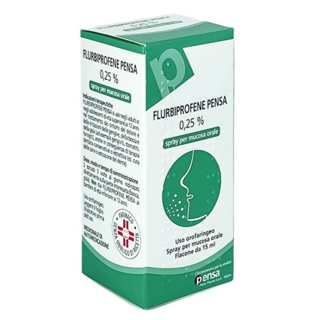 pensa
Flurbiprofene
0,25% spray per mucosa orale
uso orofaringeo
flaconcino spray da 15 ml