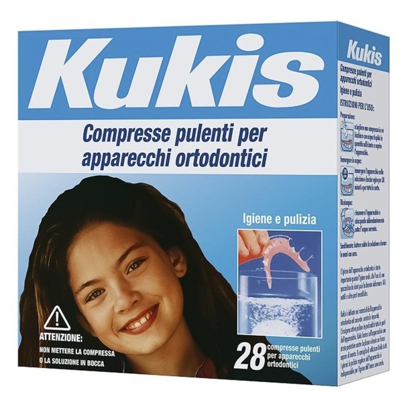 Kukis
compresse pulenti per apparecchi ortodontici
igiene e pulizia
scatola da 28 compresse effervescenti