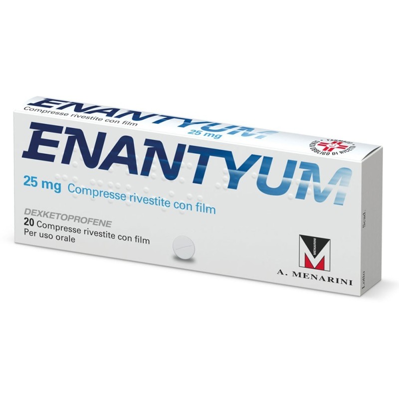 Enantyum
25 mg compresse rivestite con film
Dexketoprofene
per uso orale
confezione da 20 compresse