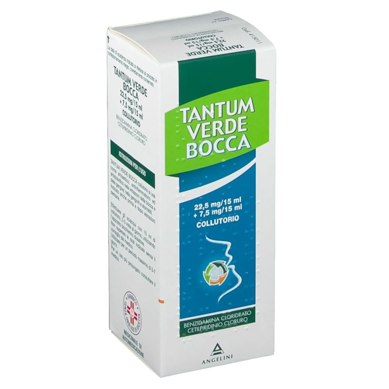 Tantum verde
bocca
22,5 mg/15 ml + 7,5 mg/15 ml collutorio
benzidamina cloridrato, cetilpiridinio cloruro
flacone da 240 ml