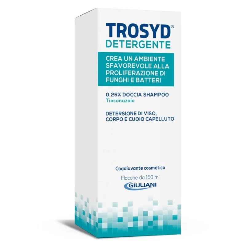 Trosyd
detergente
0,25% doccia shampoo
coadiuvante cosmetico
detersione viso, corpo e cuoio capelluto.