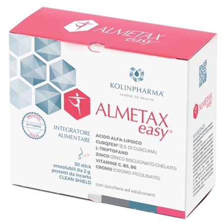 Almetax
easy
Integratore alimentare di acido alfa-lipoico, curcuma, L-triptofano, zinco, vitamine C, B5, B6, cromo picolinato.