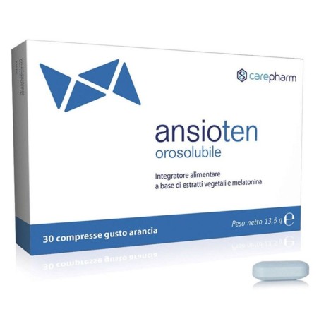 Ansioten
orosolubile
Integratore alimentare a base di estratti vegetali e melatonina
gusto arancia
scatola da 30 compresse