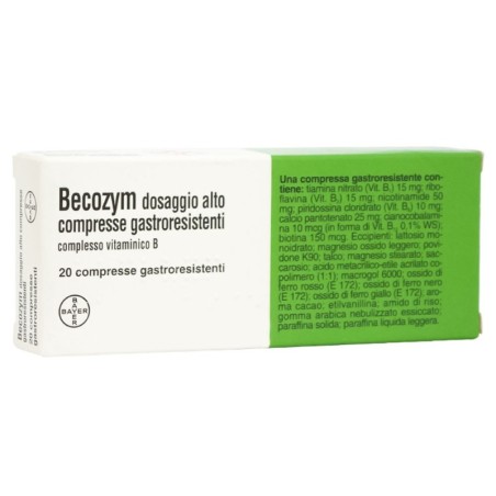 Becozym
dosaggio alto compresse gastroresistenti
complesso vitaminico B
scatola 20 compresse gastroresistenti