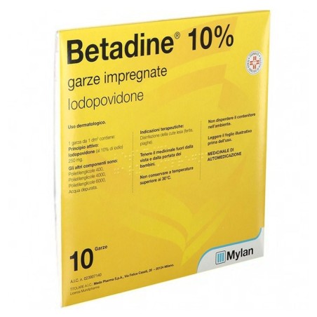 Betadine
10% garze impregnate
Iodopovidone
uso dermatologico
confezione da 10 garze 10 x10 cm