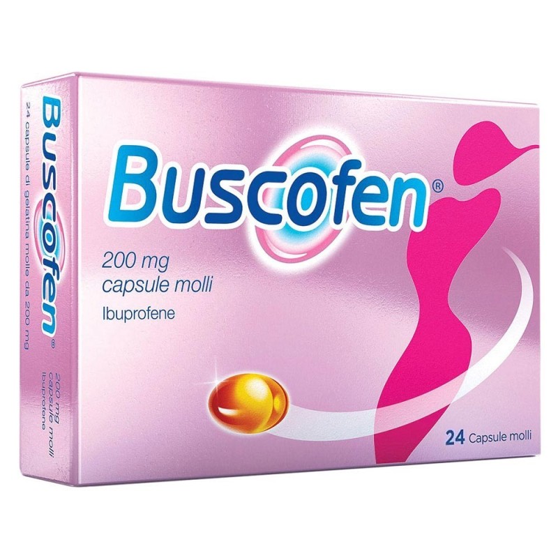 Buscofen
200 mg capsule molli
Ibuprofene
scatola da 24 capsule molli