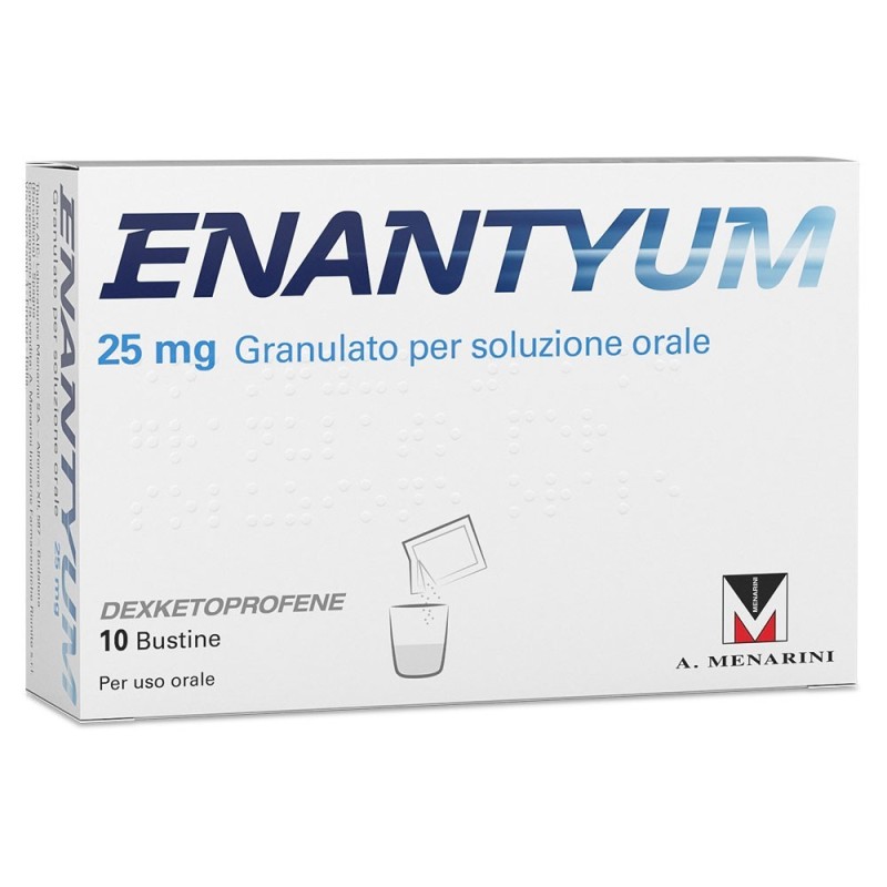 Enantyum
25 mg granulato soluzione orale
dexketoprofene
per uso orale
confezione da 10 bustine