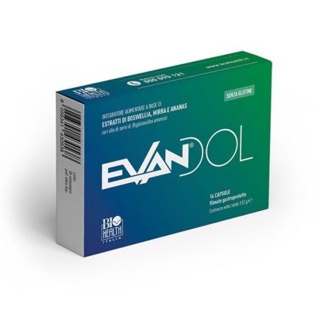 evandol
integratore alimentare a base estratti di boswellia, mirra e ananas
senza glutine
scatola da 14 capsule