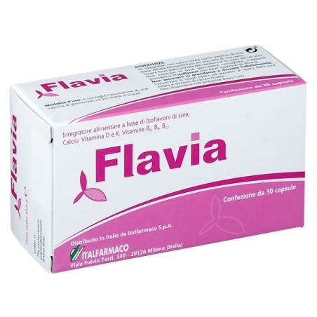 Flavia
Integratore alimentare a base di isoflavoni di soia, calcio, Vitamina D e Vitamina K, Vitamine B6, B9, B12