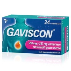 Gaviscon
500 mg + 267 mg compresse masticabili
sodio alginato + sodio bicarbonato
gusto menta
scatola da 24 compresse