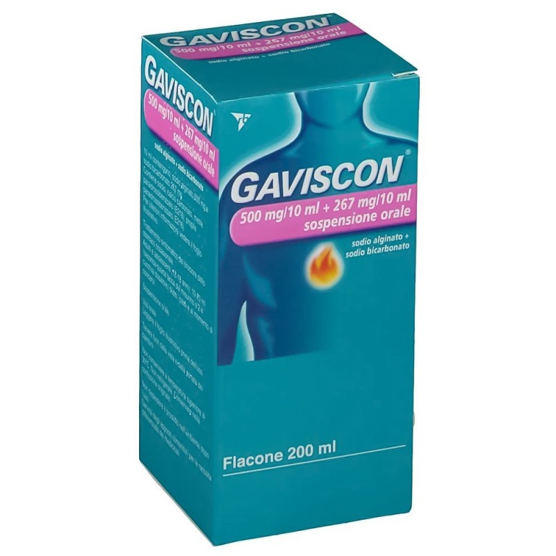 Gaviscon
500 mg/10 ml +267 mg/10ml sospensione orale
sodio alginato + sodio bicarbonato
flacone da 200 ml