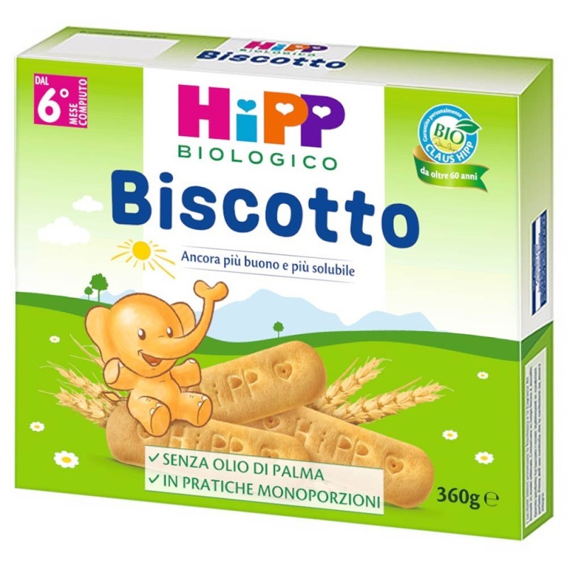 Hipp biologico
biscotto
ancora più buono e più solubile, senza olio di palma.
dal 6° mese compiuto