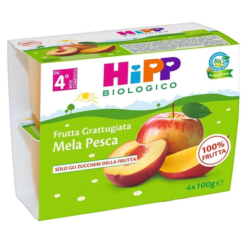 Hipp biologico
frutta grattugiata
mela e pesca
dal 4° mese compiuto
confezione 4 vasetti da 100 g