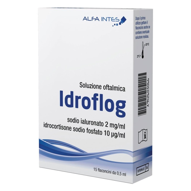 Idroflog
soluzione oftalmica
sodio ialuronato 2 mg/ml, idrocortisone sodio fosfato 10 µg/ml