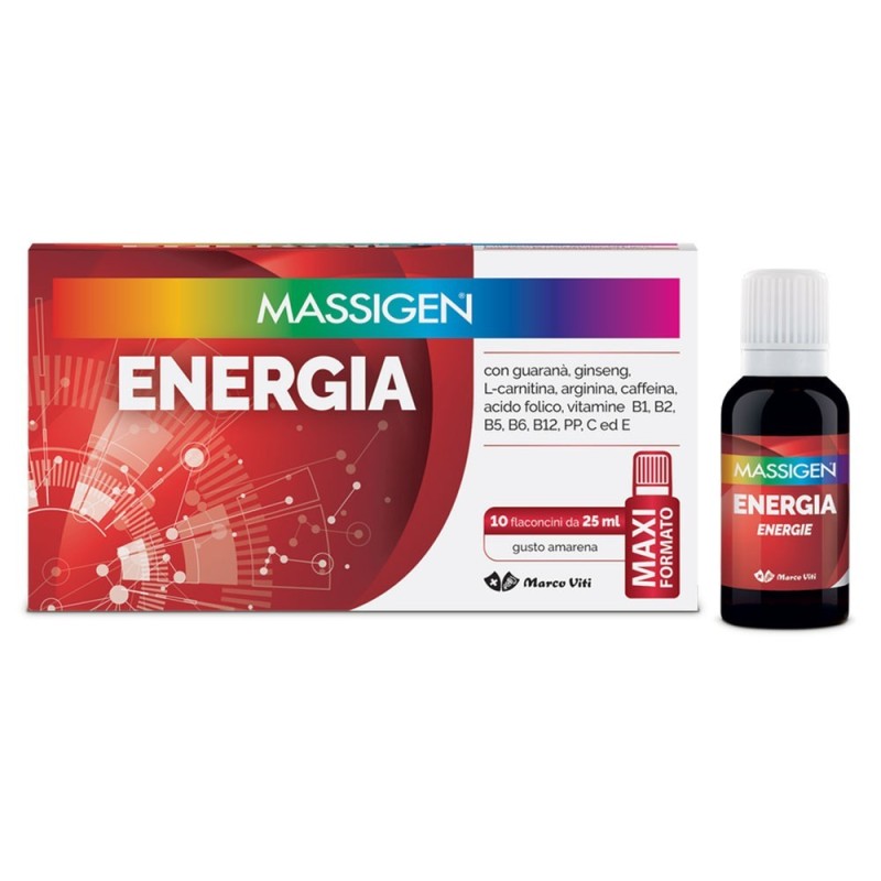 Massigen
Energia
gusto amarena
confezione 10 flaconcini da 25 ml (maxi formato)