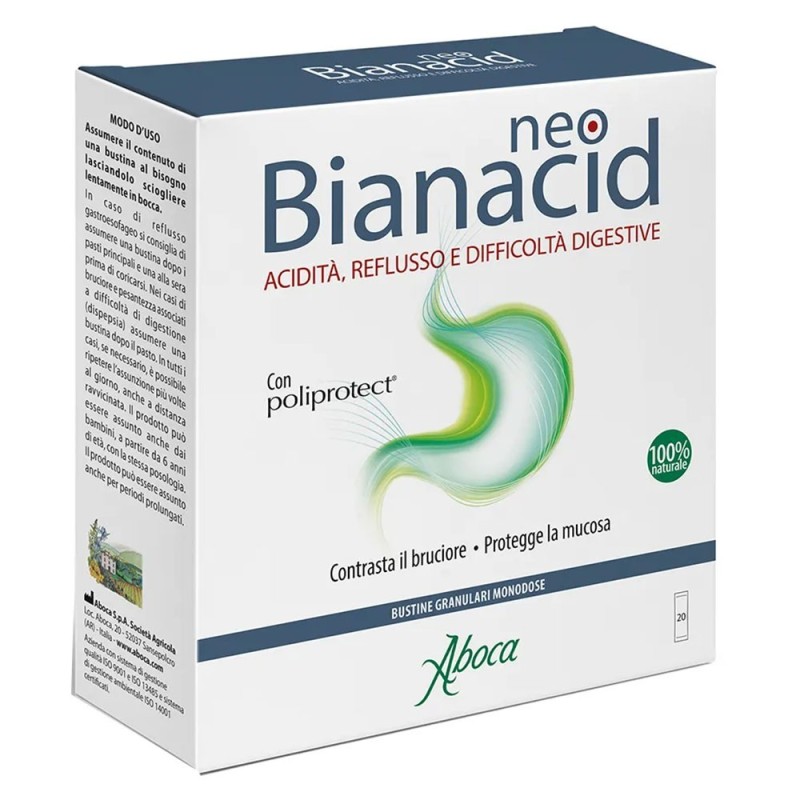 neo Bianacid
acidità, reflusso e difficoltà digestive
Contrasta il bruciore • protegge la mucosa
con poliprotect