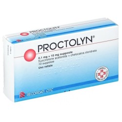 Proctolyn
0,1 mg + 10 mg supposte
fluocinolone acetonide + chetocaina cloridrato
uso rettale
scatola da 10 supposte