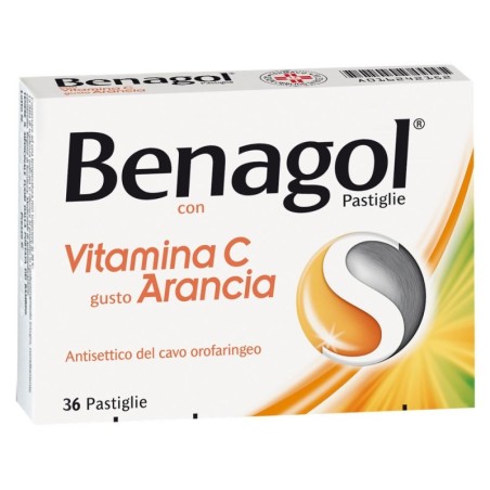 Benagol
vitamina C
gusto arancia
Antisettico del cavo orofaringeo
scatola da 36 pastiglie