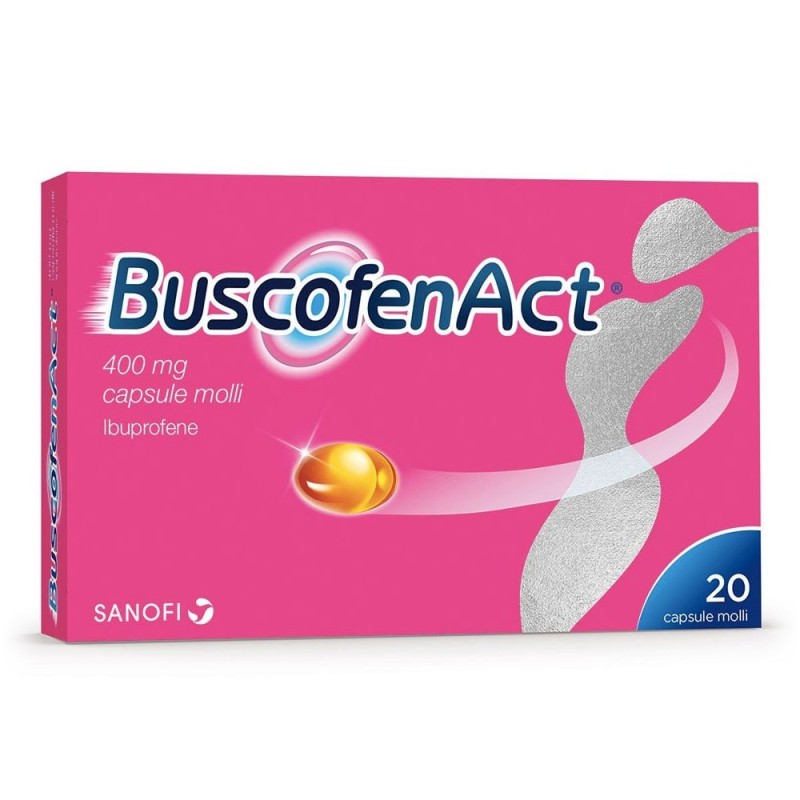 Buscofenact
400 mg capsule molli
ibuprofene
scatola da 20 capsule molli