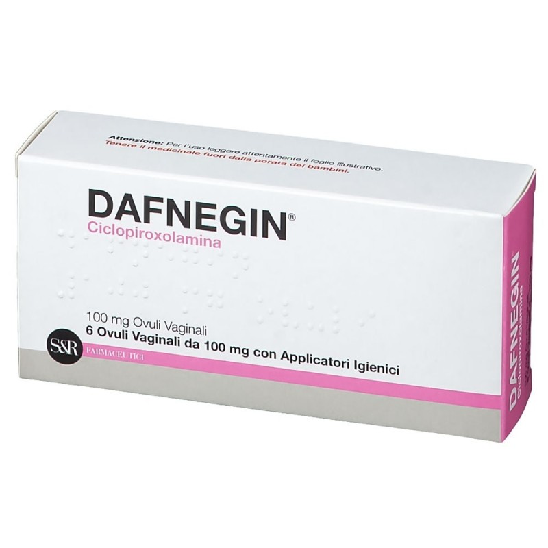 Dafnegin
100 mg ovuli vaginali
ciclopiroxolamina
scatola da 6 ovuli vaginali con applicatori igienici