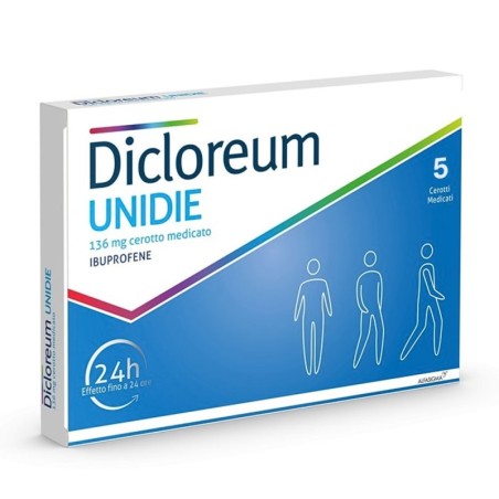 Dicloreum
unidie
136 mg cerotto medicato
ibuprofene
effetto fino a 24 ore
confezione da 5 cerotti medicati