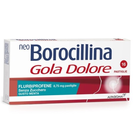 eoBorocillina
gola dolore
Flurbiprofene 8,75 mg pastiglie
gusto menta
senza zucchero
confezione da  16 pastiglie