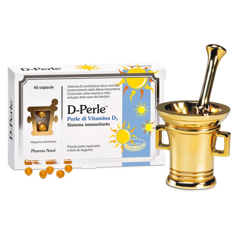 D-Perle
Perle di vitamina D3
sistema immunitario
scatola da 40 capsule (piccole perle masticabili e facili da deglutire)