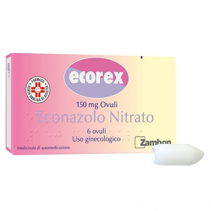 Ecorex
150 mg ovuli
econazolo nitrato
uso ginecologico
scatola da 6 ovuli vaginali