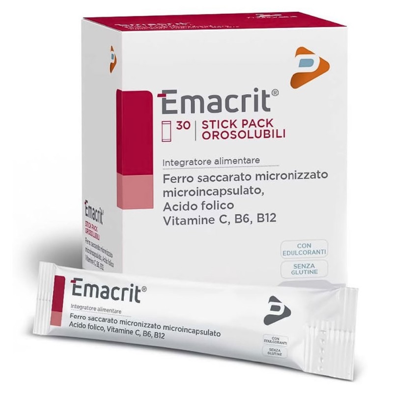 Emacrit
Integratore alimentare di ferro saccarato micronizzato microincapsulato, acido folico, Vitamina C, B6, B12