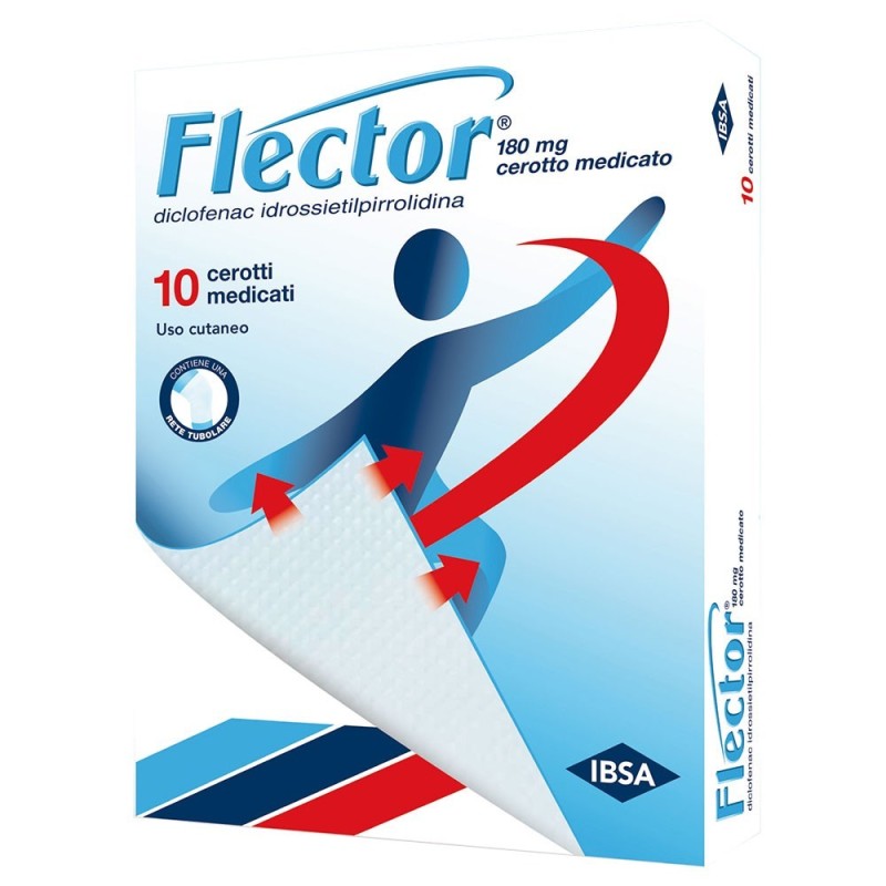 Flector
180 mg cerotto medicato
diclofenac idrossietilpirrolidina
uso cutaneo
astuccio da 10 cerotti medicati