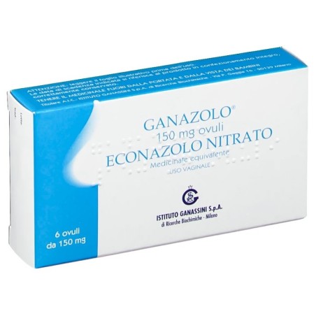 Ganazolo
150 mg ovuli
econazolo nitrato
medicinale equivalente
uso vaginale
scatola da 6 ovuli