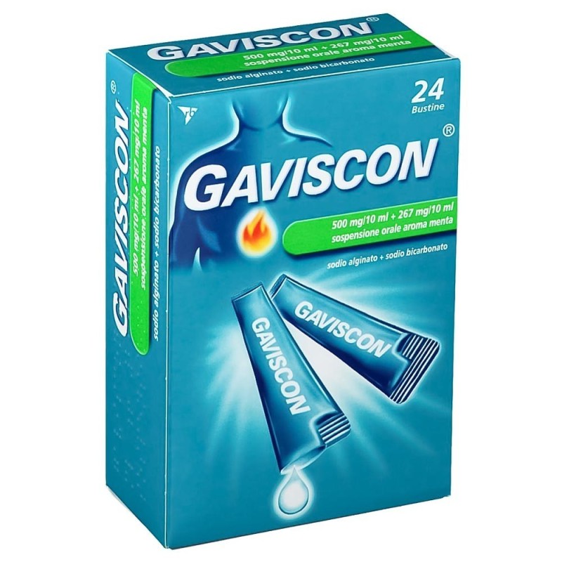 Gaviscon
500 mg/10 ml + 267 mg/10 ml sospensione orale
sodio alginato + sodio bicarbonato
aroma menta