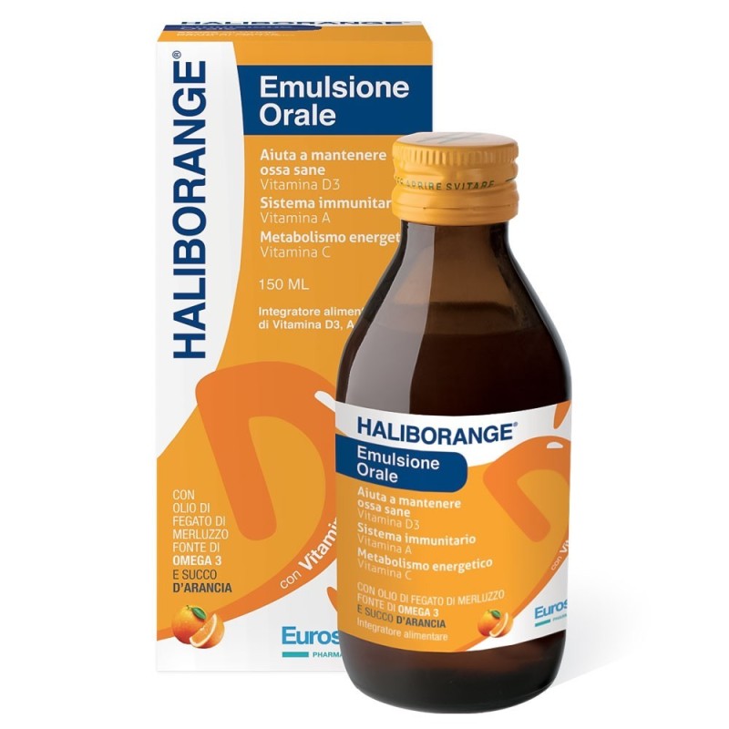 Haliborange
emulsione orale
con vitamina D
succo d'rancia
flacone da 150 ml