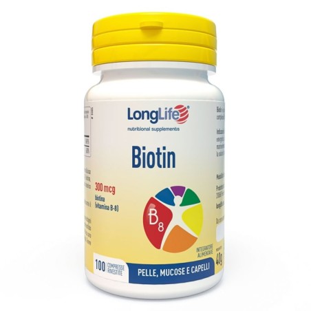 Longlife
Biotin
Integratore alimentare di biotina
pelle, mucose e capelli
barattolo da 100 compresse divisibili