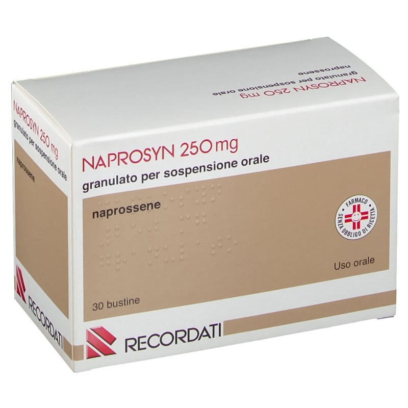 Naprosyn
250 mg granulato per sospensione orale
naprossene
uso orale
scatola da 30 bustine