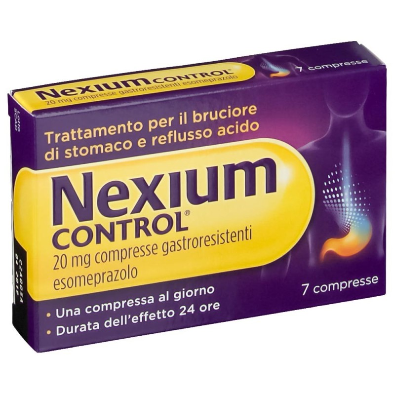 Nexium
control
20 mg compresse gastroresistenti
esomeprazolo
trattamento per il bruciore di stomaco e reflusso acido.